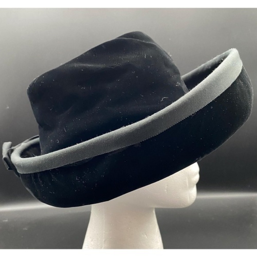 Vintage Ken Blair Black Velvet Grosgrain Ribbon Slouch Brimmed Hat‎ 1950s 1960s